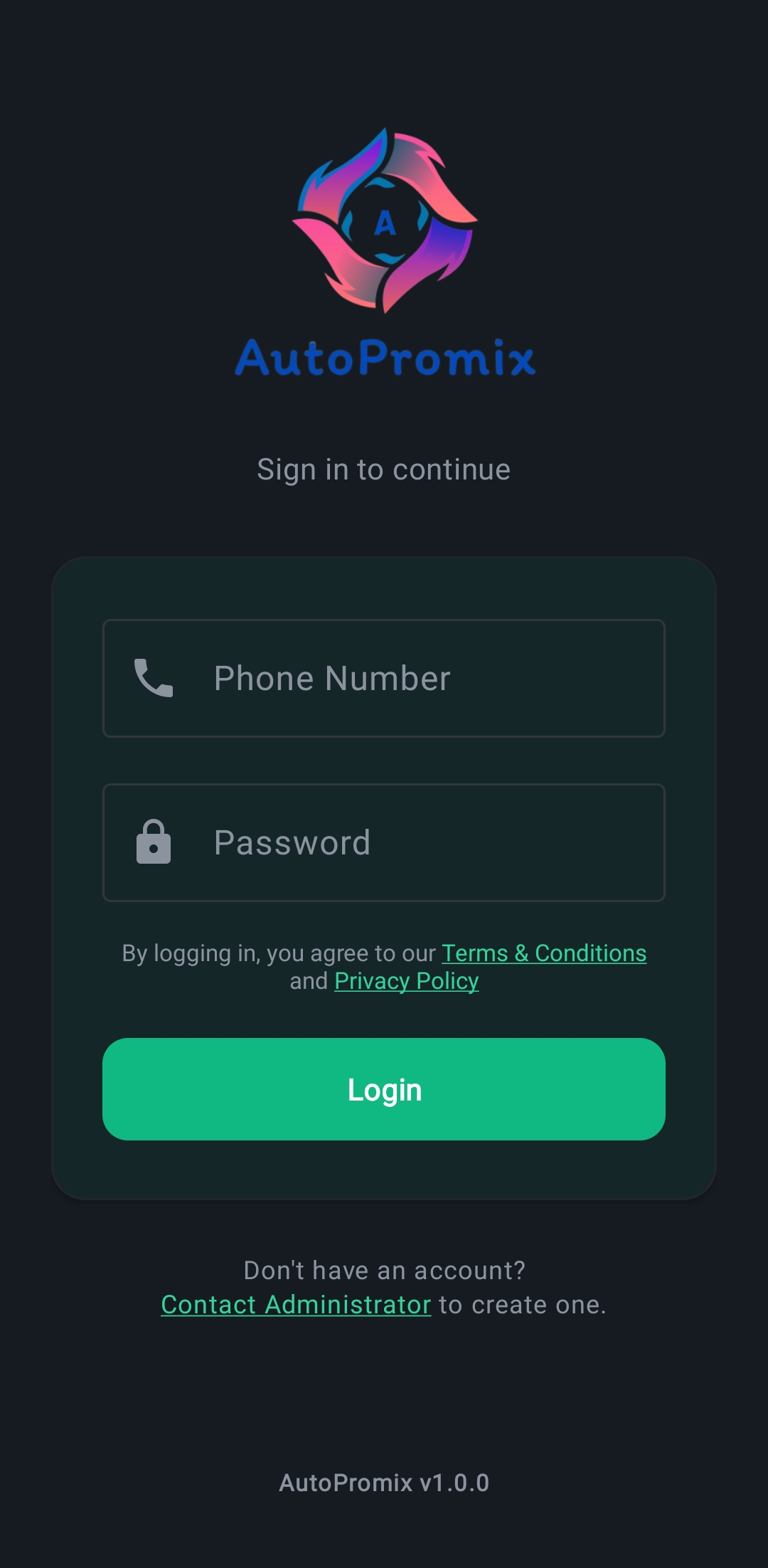 AutoPromix app login screen